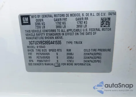 2014 GMC Sierra 1500 Slt from USA, damaged, VIN 3GTU2VEC8EG441535